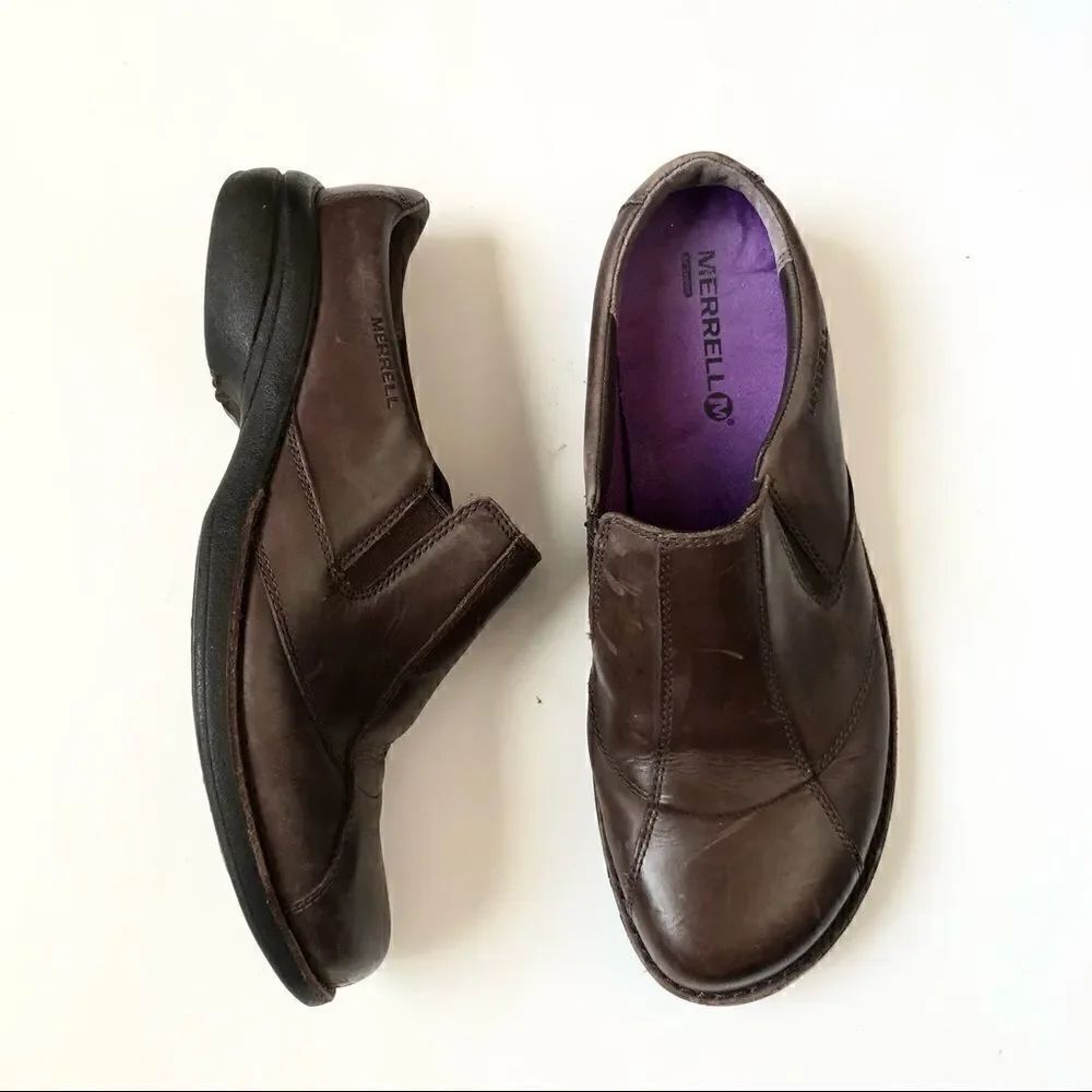 Merrell brown leather slip on clogs